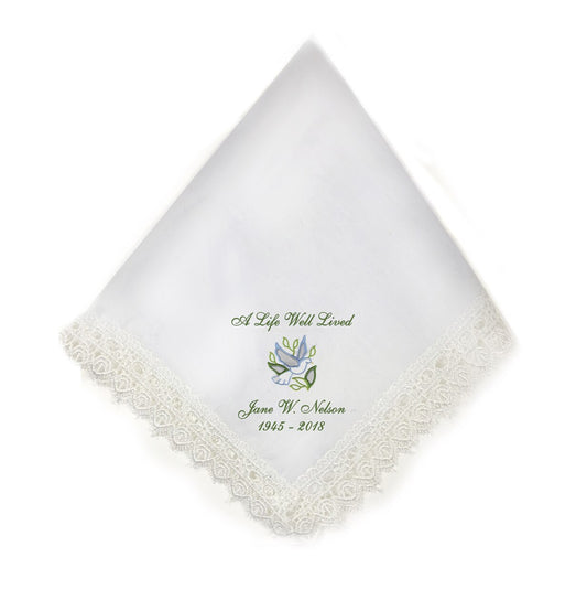 Dove Lace Trimmed Embroidery Memorial Handkerchief.