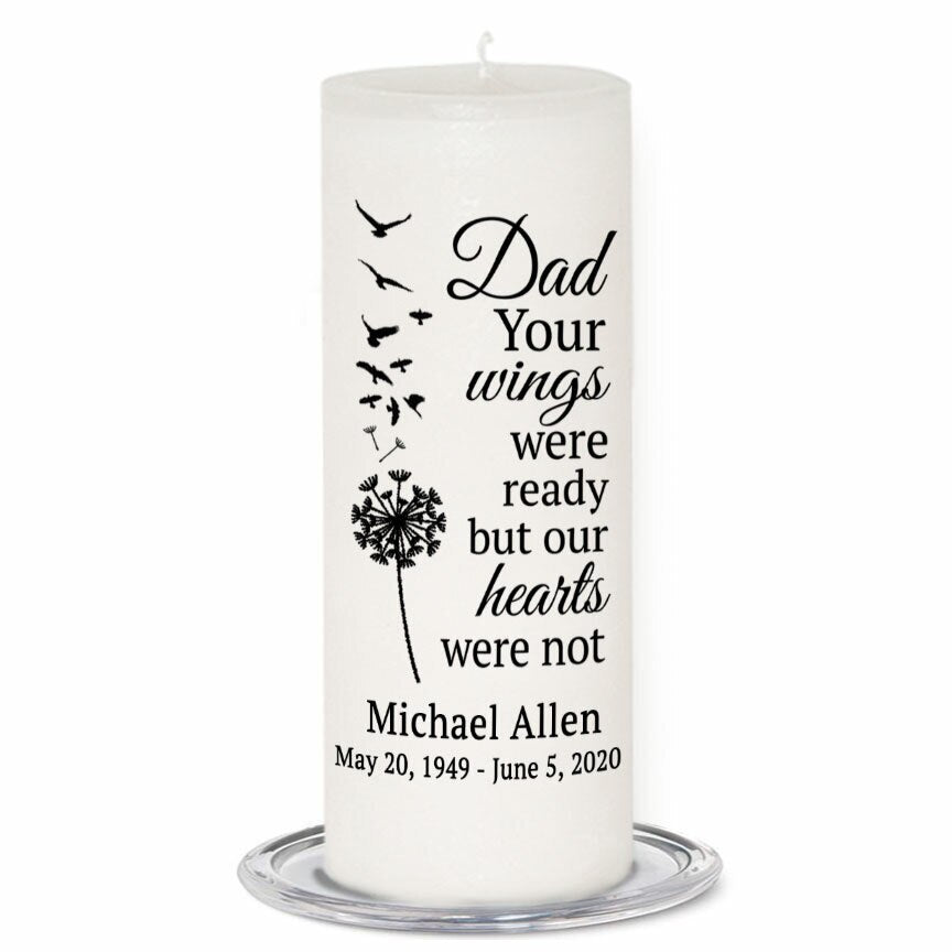 Dad's Wings Personalized Wax Pillar Memorial Candle.
