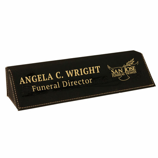 Funeral Home Black-Gold Leather Name Plate Desk Wedge.