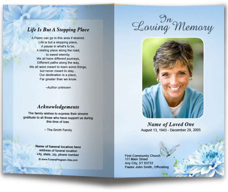 Blue Florals Funeral Program Template.