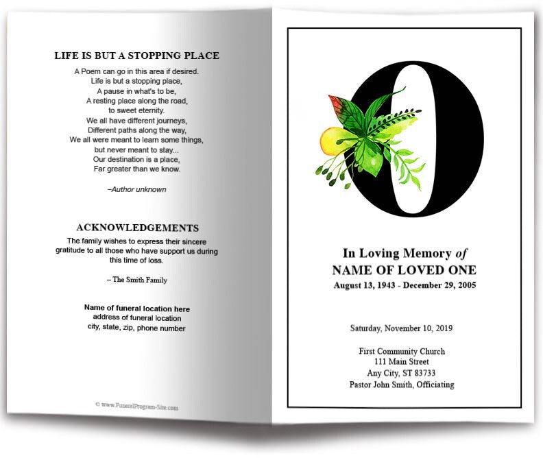 Monogram O Leaves Funeral Program Template.