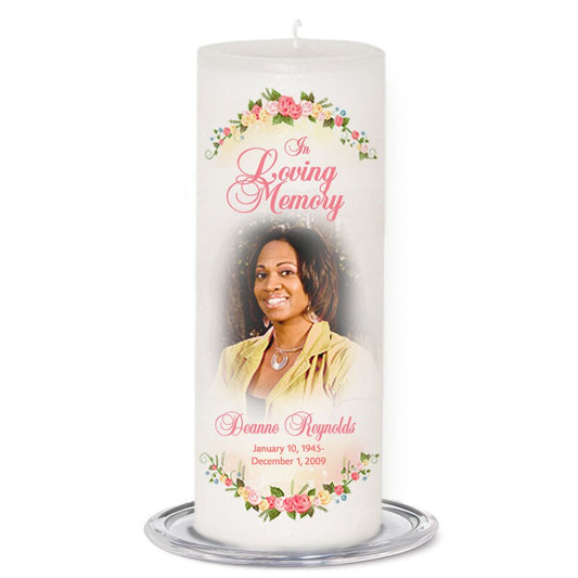 Victoria Personalized Wax Pillar Memorial Candle.
