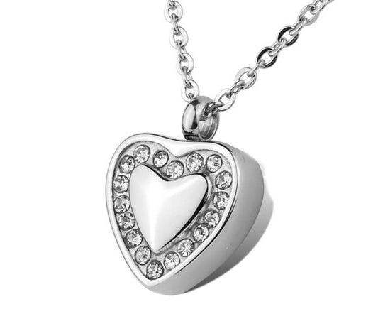 Stainless Steel Rhinestone Heart Urn Necklace Pendant.