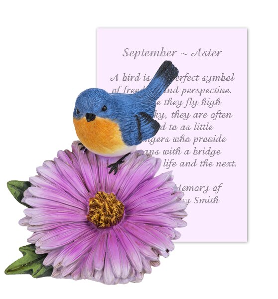 September Aster and Bird Sympathy Figurine and Card.