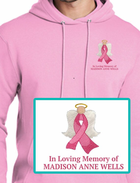 Breast Cancer Ribbon Angel Embroidery Fleece Hooded Memorial Sweatshirt (Ladies-Men).