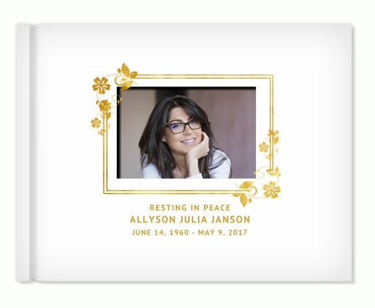 Floral Border Foil Stamped Landscape Funeral Guest Book With Photo.