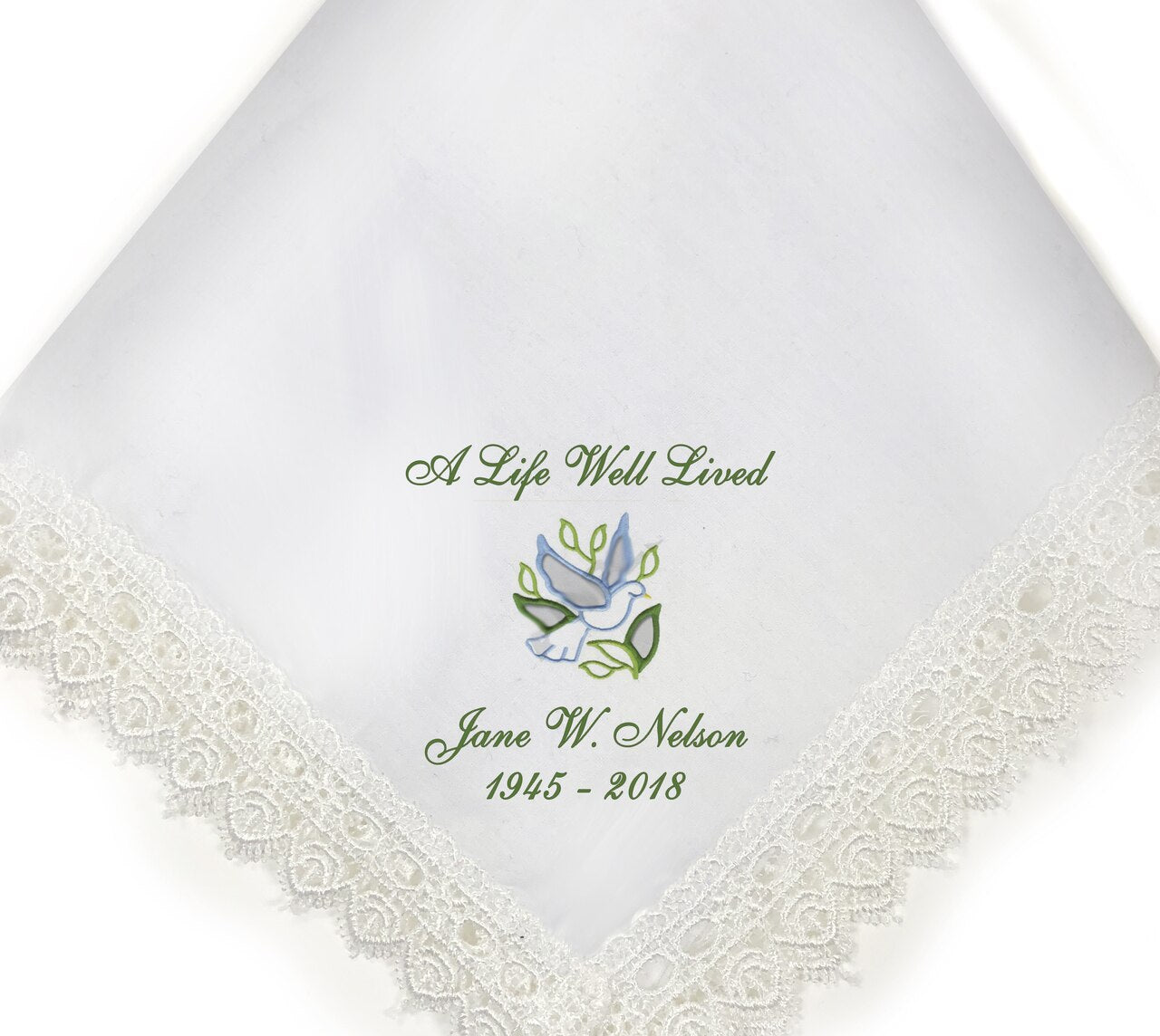Dove Lace Trimmed Embroidery Memorial Handkerchief.