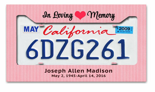 Pink Stripes Custom In Loving Memory License Plate Frame.