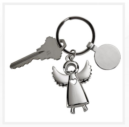 Standing Angel Key Chain With Engraving Circle Tag.