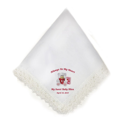 Teddy Lace Trim Embroidered Memorial Handkerchief.