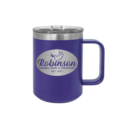 Personalized Funeral Home Stainless Steel Insulated Mug with Slider Lid.