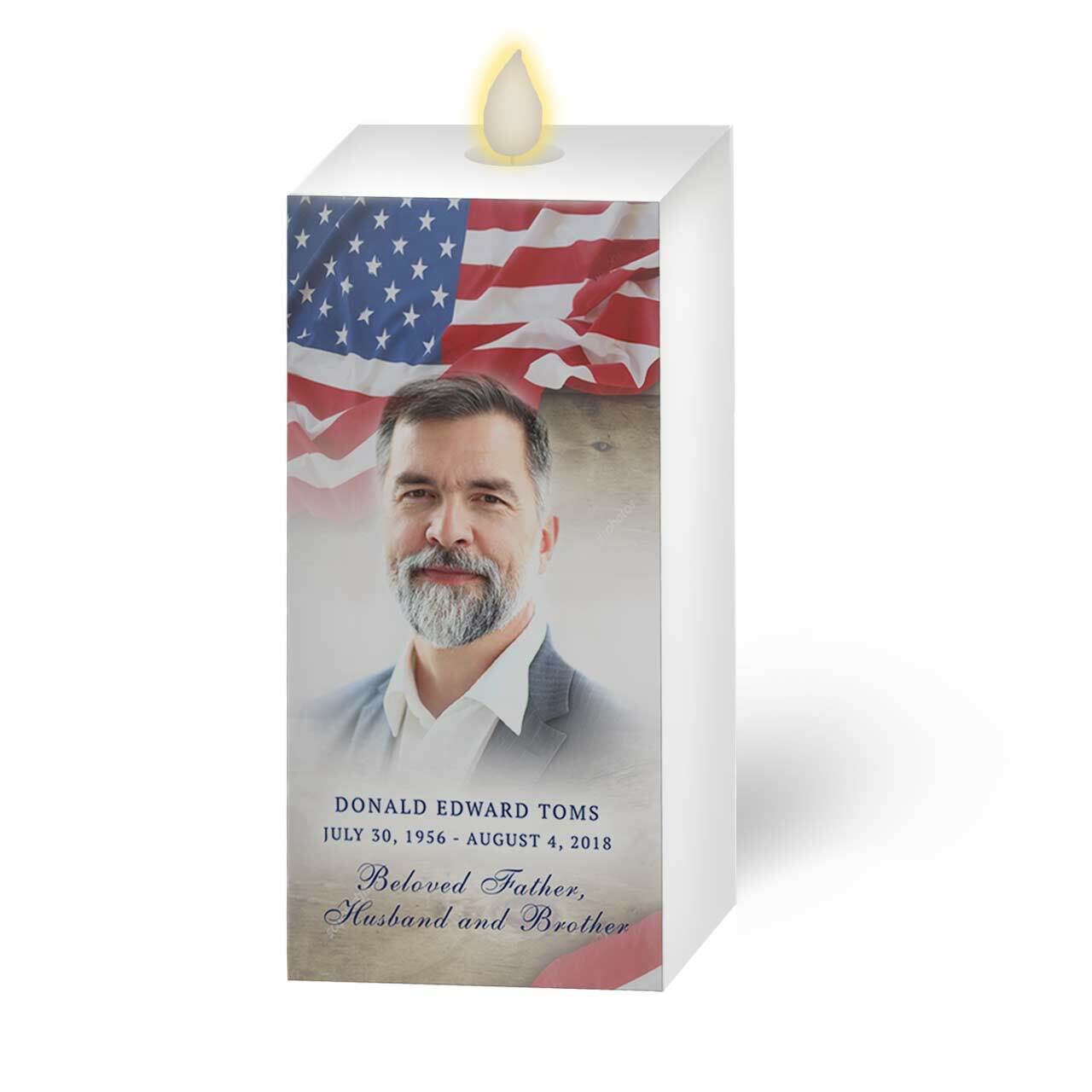 U.S. Flag Square Dancing Wick LED Memorial Candle.