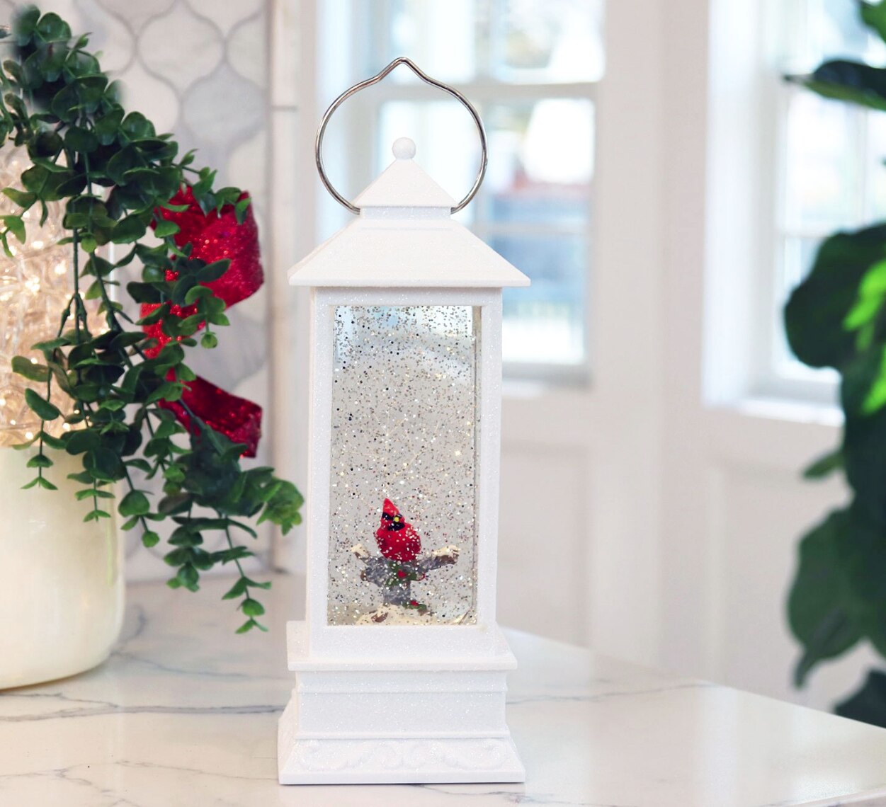 Personalized Memorial Lantern Cardinal with LED Lit Confetti Snow Dome.
