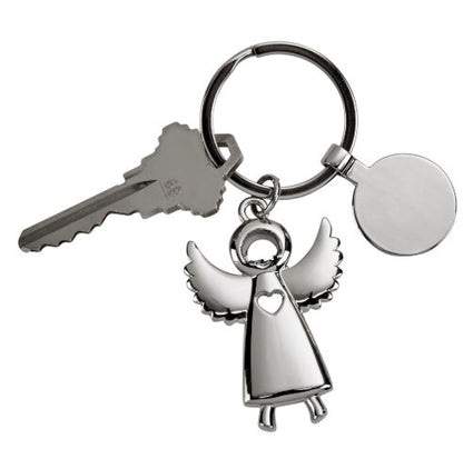 Standing Angel Key Chain With Engraving Circle Tag.