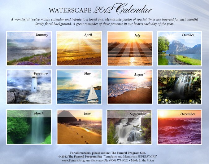 Waterscape Themed Memorial Calendar.