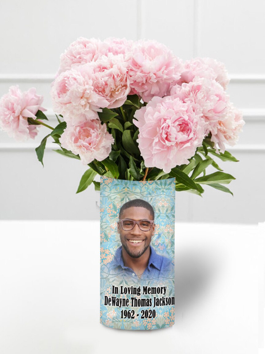 In Loving Memory Memorial Photo Flower Vase - Teal Florals.