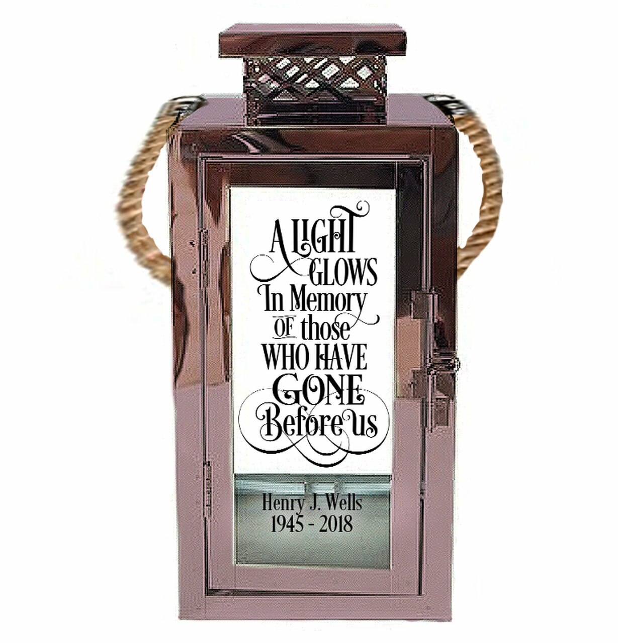 A Light Glows Personalized Memorial Rose Gold Memorial Lantern With Rope Handle.
