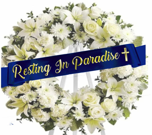 Resting In Paradise Gold Foil Funeral Ribbon Banner For Flowers.