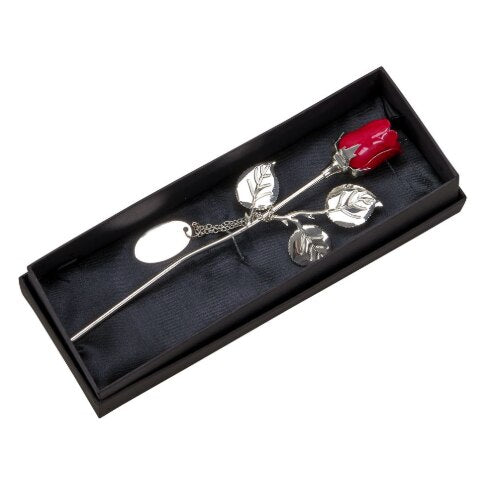 Silver Plated Red Rose In Gift Box.