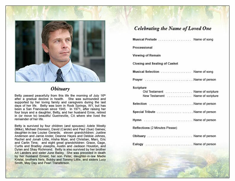 Forest Watercolor Funeral Program Template.