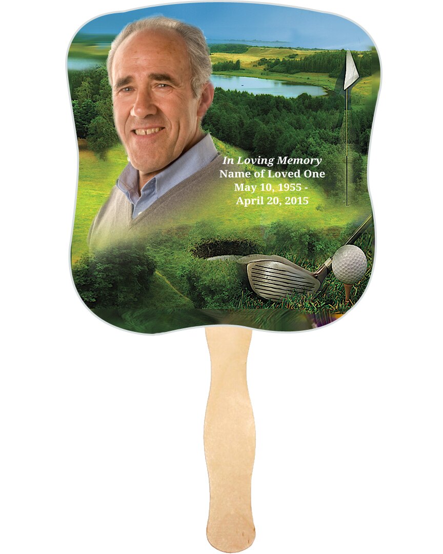 Golfer Cardstock Memorial Fan With Wooden Handle (Pack of 10).