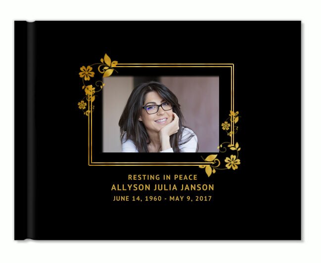 Floral Border Foil Stamped Landscape Funeral Guest Book With Photo.
