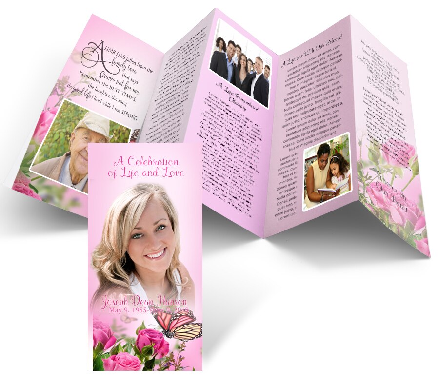 Pink Roses Accordion Fold Funeral Program Design & Print (Pack of 25).