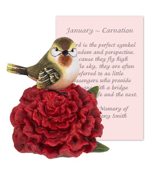 January Carnation and Bird Sympathy Figurine and Card.