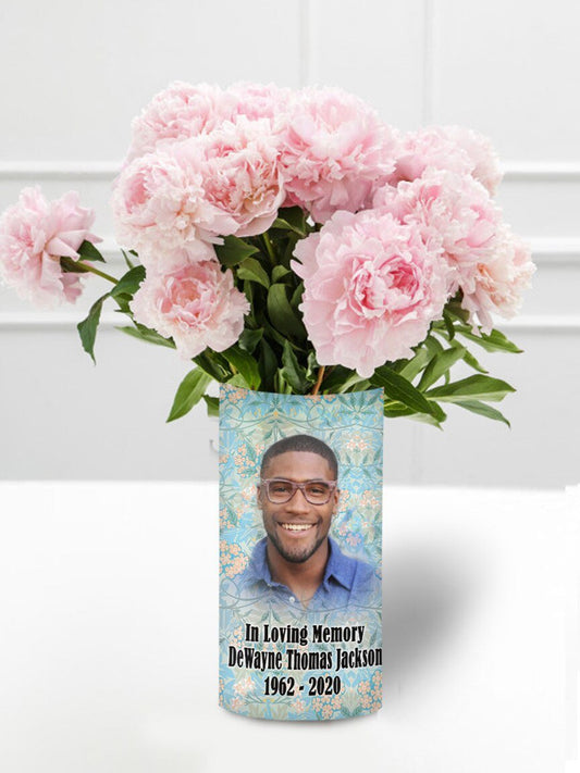 In Loving Memory Memorial Photo Flower Vase - Teal Florals - The Funeral Program Site