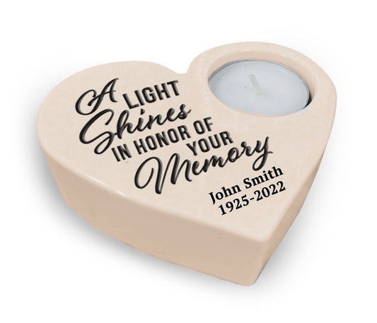 Light Shines Stone Heart Memorial Tea Light Candle Holder - The Funeral Program Site