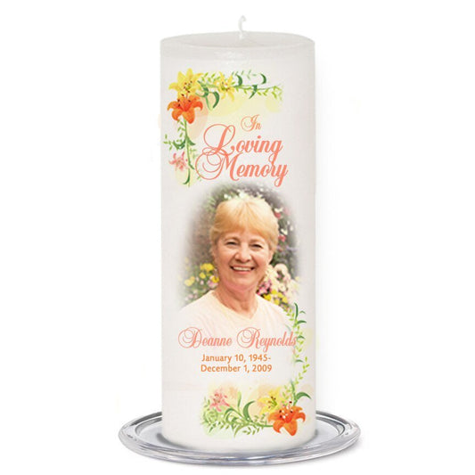 Lily Personalized Wax Pillar Memorial Candle - The Funeral Program Site