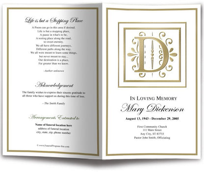 Monogram Gold D Funeral Program Template - The Funeral Program Site
