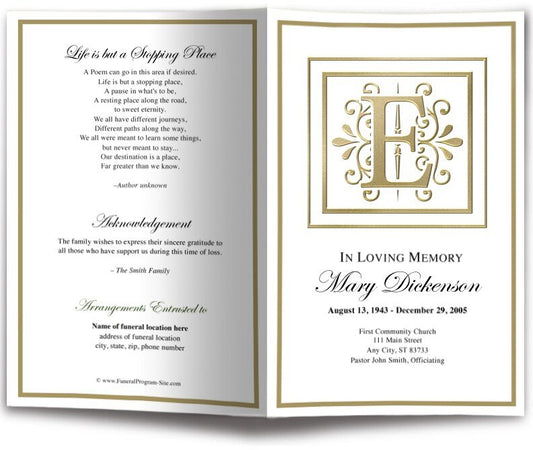 Monogram Gold E Funeral Program Template - The Funeral Program Site