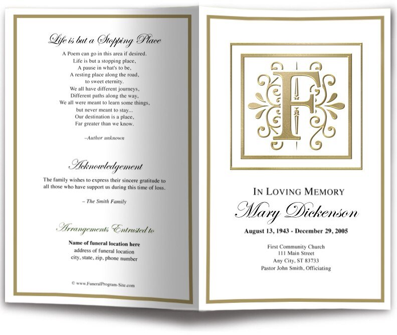 Monogram Gold F Funeral Program Template - The Funeral Program Site