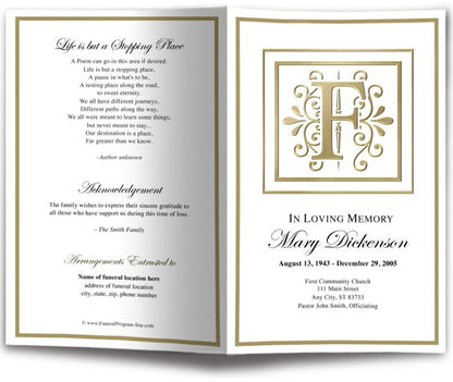 Monogram Gold F Funeral Program Template - The Funeral Program Site