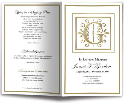 Monogram Gold G Funeral Program Template - The Funeral Program Site