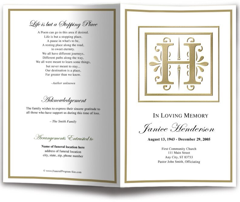 Monogram Gold H Funeral Program Template - The Funeral Program Site