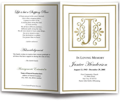 Monogram Gold J Funeral Program Template - The Funeral Program Site