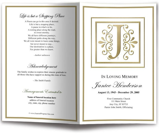 Monogram Gold J Funeral Program Template - The Funeral Program Site
