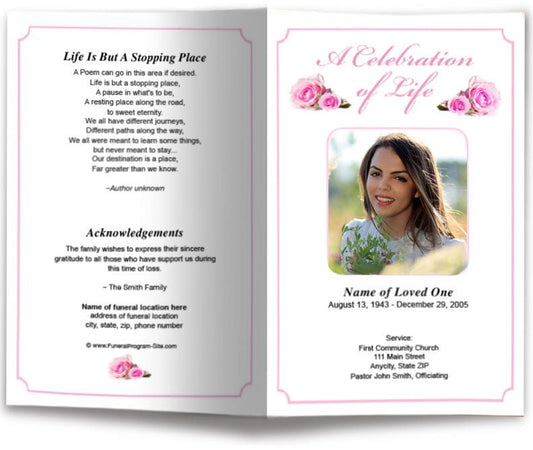 Pink Rose Funeral Program Template - The Funeral Program Site