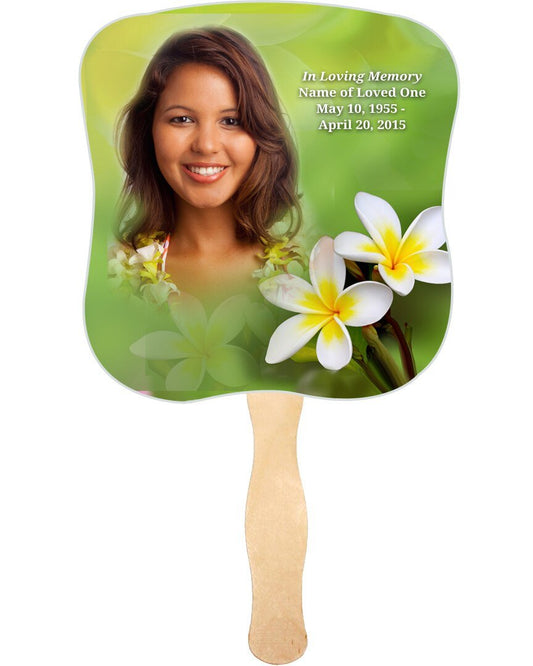 Plumeria Cardstock Memorial Fan With Wooden Handle (Pack of 10) - The Funeral Program Site