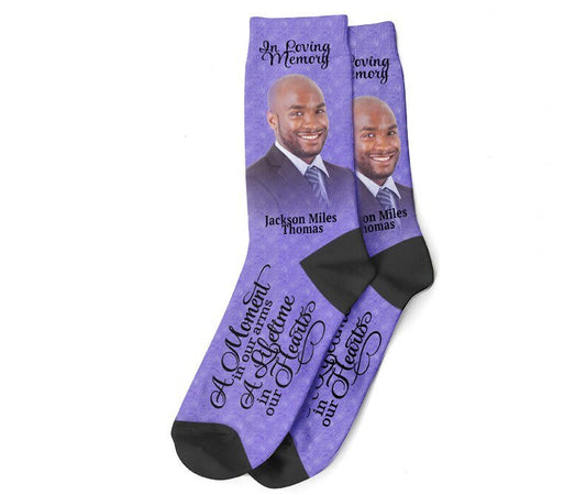 Purple Personalized In Memory Mens - Womens Crew Socks - The Funeral Program Site