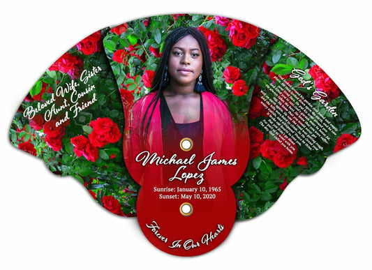 Red Roses Personalized Folding Memorial Fan (Pack of 10) - The Funeral Program Site