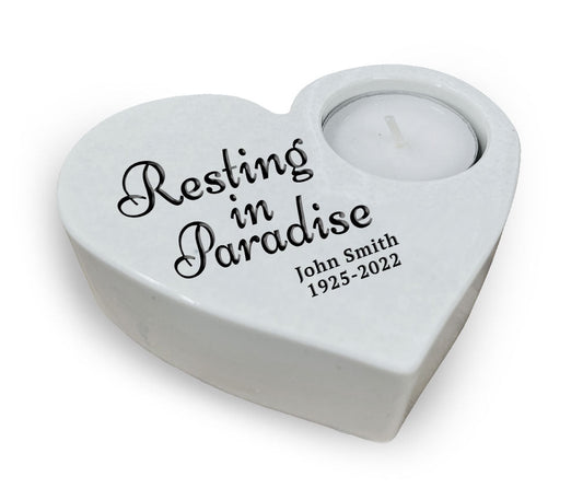 Resting In Paradise Stone Heart Memorial Tea Light Candle Holder - The Funeral Program Site