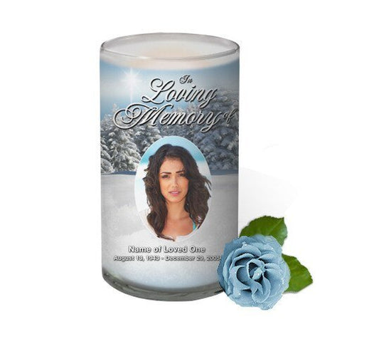 Snowcaps Personalized Glass Memorial Candle - The Funeral Program Site