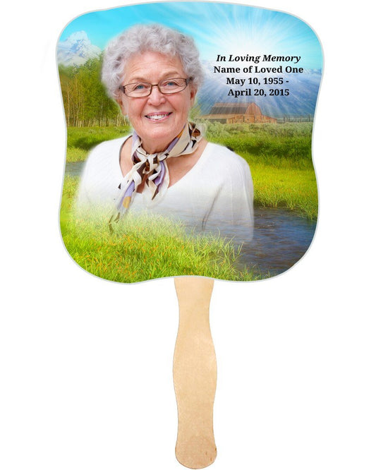 Tranquil Cardstock Memorial Fan With Wooden Handle (Pack of 10) - The Funeral Program Site