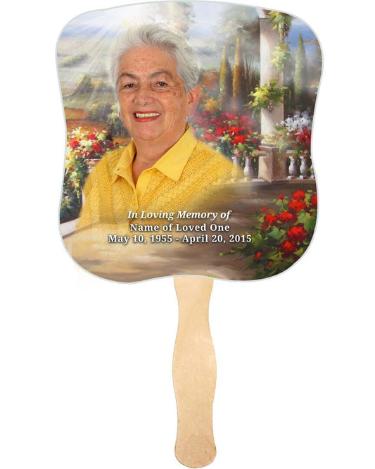 Tuscany Cardstock Memorial Fan With Wooden Handle (Pack of 10) - The Funeral Program Site