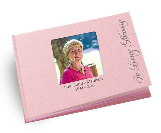 Vertical Script Linen Landscape Funeral Guest Book - The Funeral Program Site