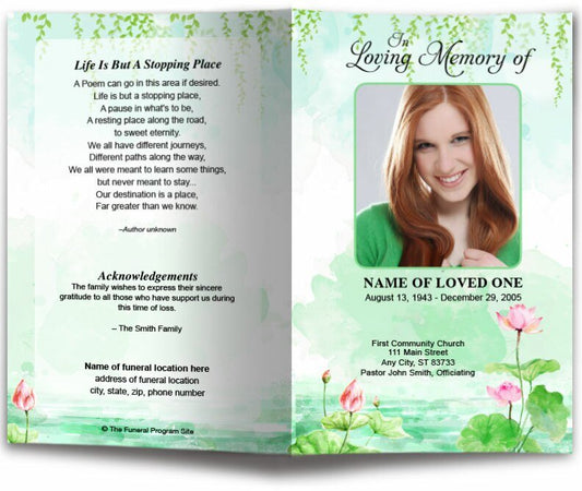 Water Lilies Watercolor Funeral Program Template - The Funeral Program Site