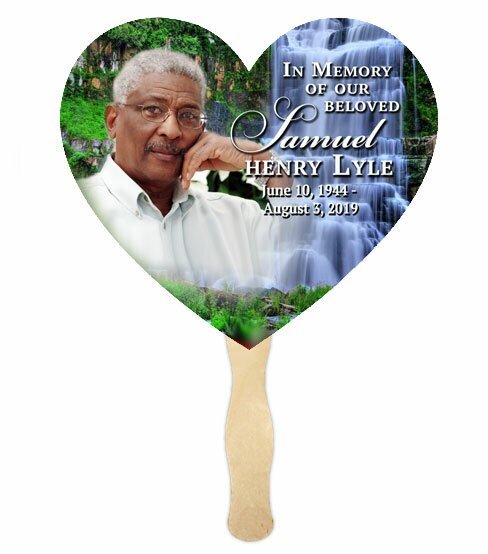 Waterfall Heart Memorial Fan With Wooden Handle (Pack of 10) - The Funeral Program Site